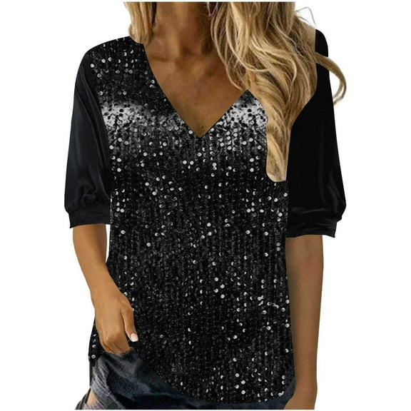 Kovlvoll Plus Size Tops for Women Sequined Velvet Patchwork V Neck Short Sleeve Shirt Summer Solid Color Fashion Blouse