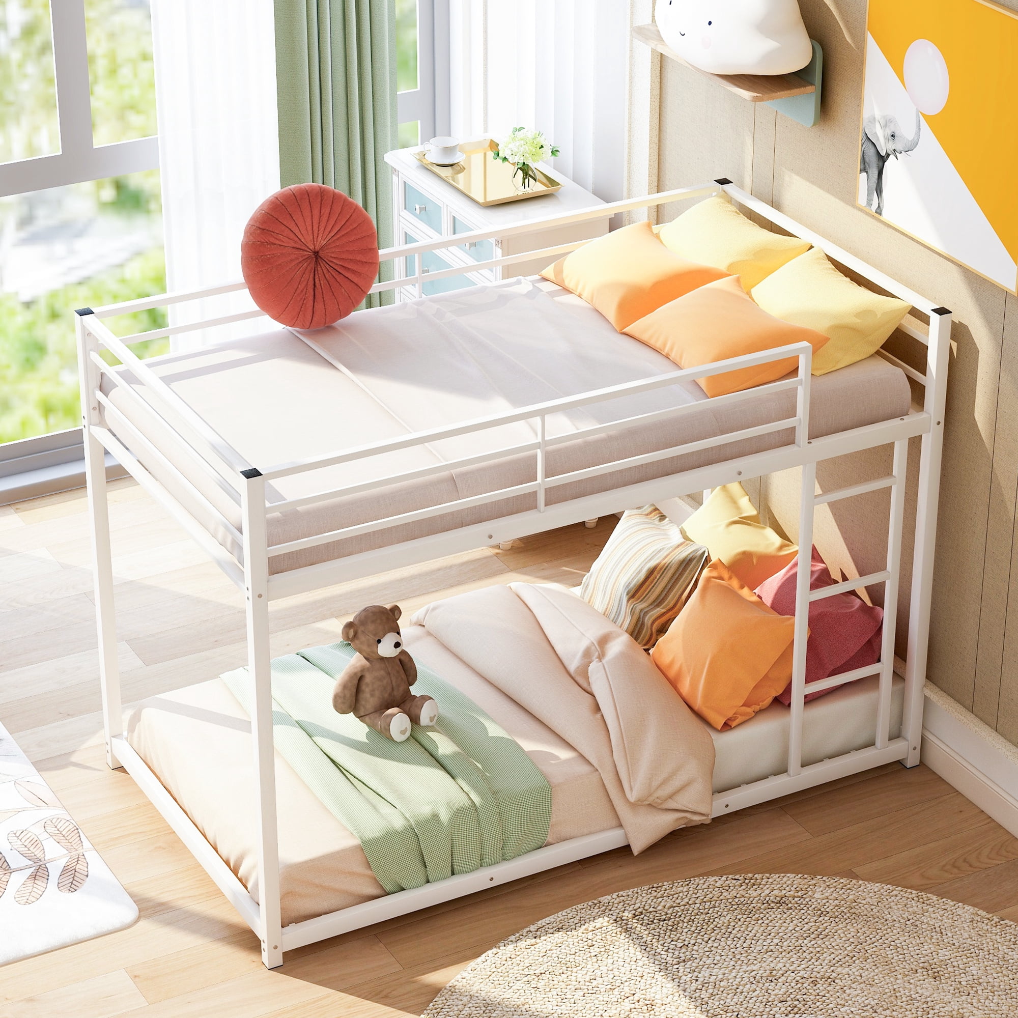 EUROCO Metal Twin over Twin Bunk Bed, Low Profile with Safety Guardrails for Kids Teens Adults, 350lb Capacity Heavy Duty, White