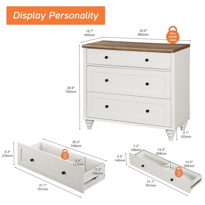 Farmhouse Dresser for Bedroom with 3 Drawers, Mid Century Modern Kids Dressers with Wood Closet Storage Organizer, Small Dressers for Nursery, Hallway, Living Room, Antique White