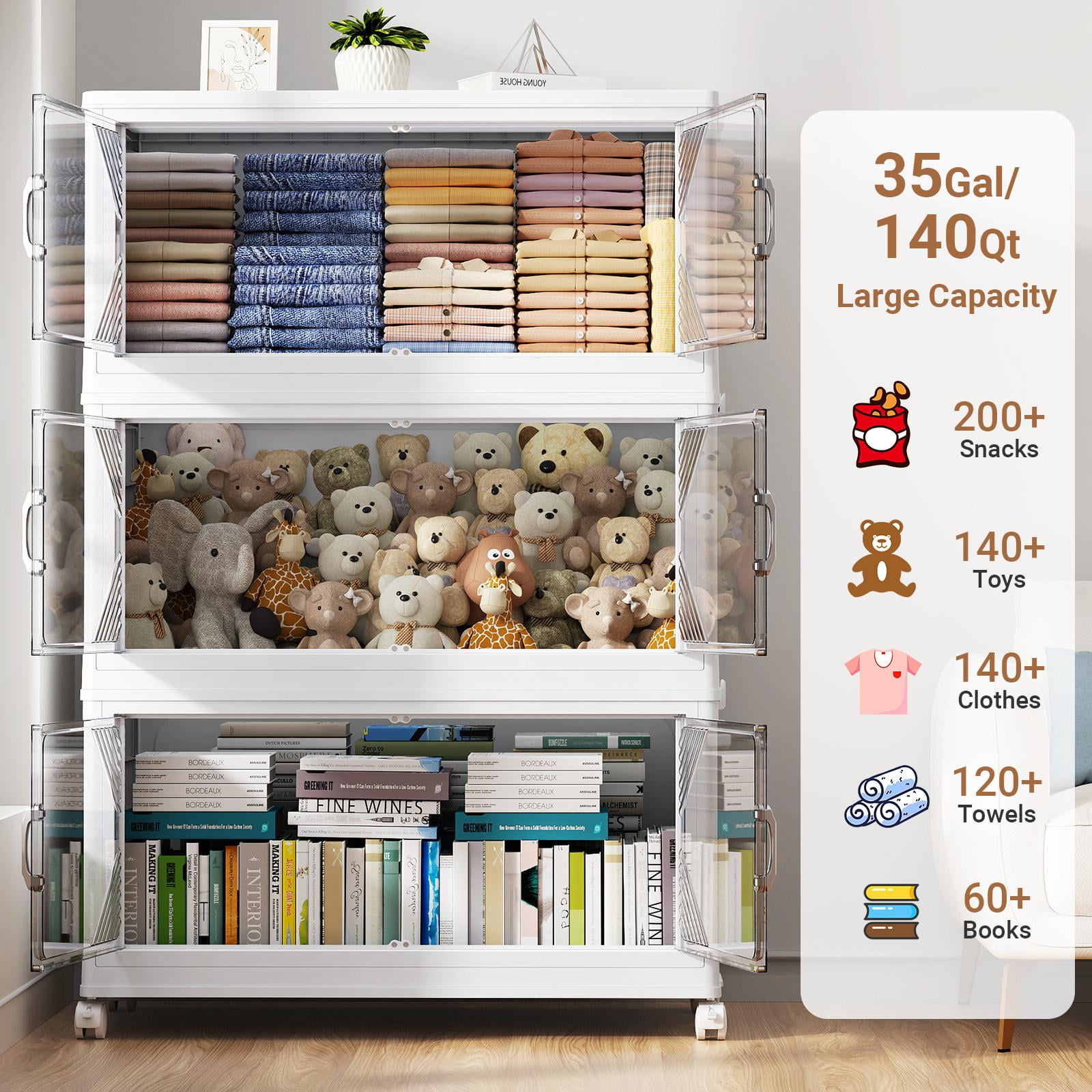 Broview V60 140Gal Extra Large Stackable Storage Bins with Lid, 560QT Plastic Containers With Drawers, Folding Closets with 6x Wheels, Collapsible Cabinets Organizers for Home Office, 4Pack White