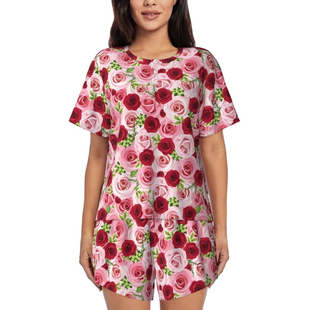 Balery Rose Flowers Conjunto de Pijama para Mujer con Estampado, Dos Piezas de Manga Corta y Shorts, Ropa de Dormir Suave con Cuello Redondo y Bolsillos-Medium