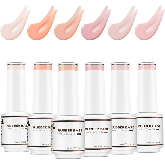 TRAHOO-4 In 1 Rubber Base Gel Set For Nails, Hema-free,Cruetly-free,Vegan, Nude Rose Pink Sheer Color Gel Nail Polish UV LED Soak Off, Elastic Rubber Nail Strengthen Enhance Base Coat 6pcs x 8ml-Kit
