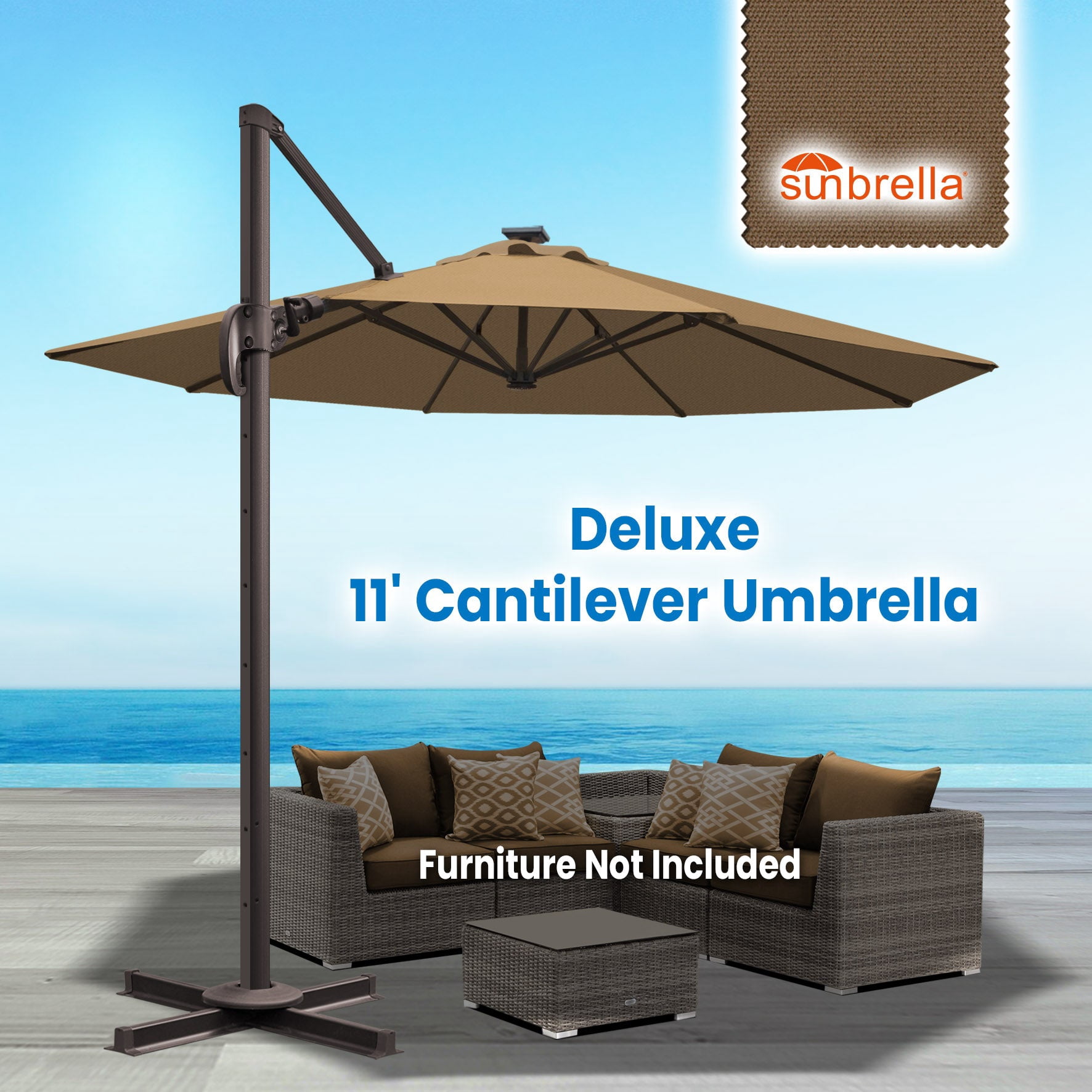 SUNRISEUMBRELLA 11' Deluxe Cantilever Umbrella LED Lighted Umbrella Sunbrella Cover Patio Umbrella Garden Outdoor (Cocoa)