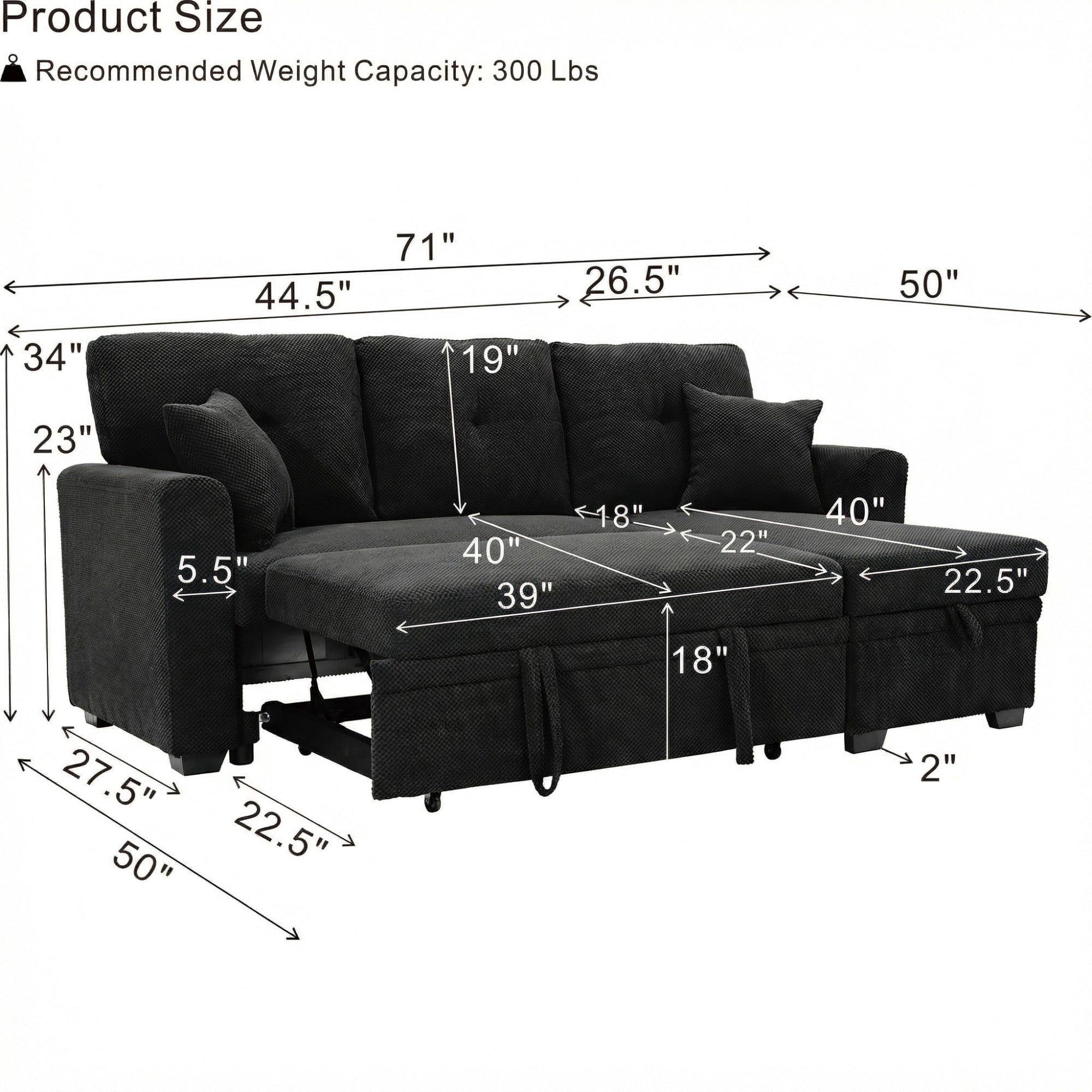 BSHTI 71"Foil Fabric L-Shaped Pull-Out Sleeper Sofa Bed with Reversible Chaise, Hidden Storage for Living Room（Black）