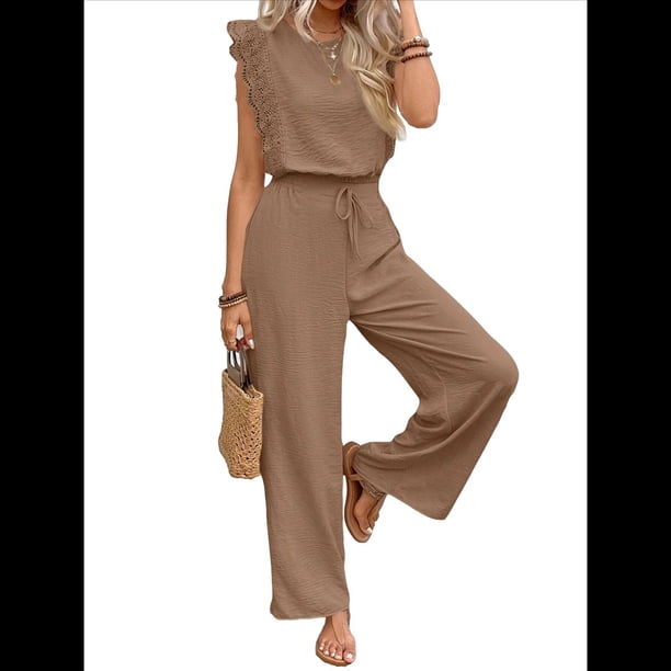 para Mujer, Verano 2025, Mangas con Volantes, Cuello Cuadrado, con Cordón y Bolsillos, Color Caqui, Talla S