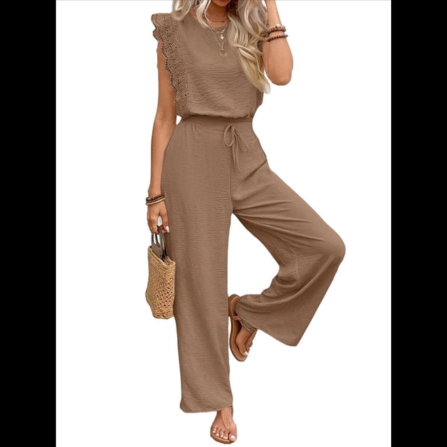 para Mujer, Verano 2025, Mangas con Volantes, Cuello Cuadrado, con Cordón y Bolsillos, Color Caqui, Talla XL