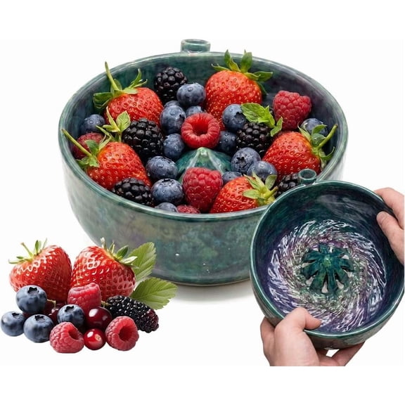 Self Spinning Ceramic Berry Washing Bowl with Drain Holes, 360 Degree Fruit Swirl Colander with Center Cone, Automatic Quick Kitchen Rinse Washer for Berries Vegetables & Fruit Serving