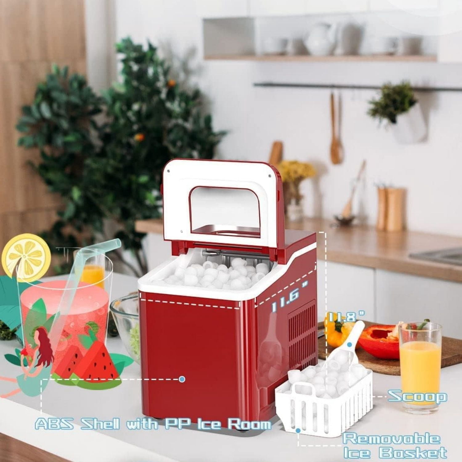 Portable Ice Maker Machine for Countertop, Ready in 8 Mins, 26LBS/24H, Electric Ice Maker with Scoop and Basket for Home, Office, Party, Bar (Red)