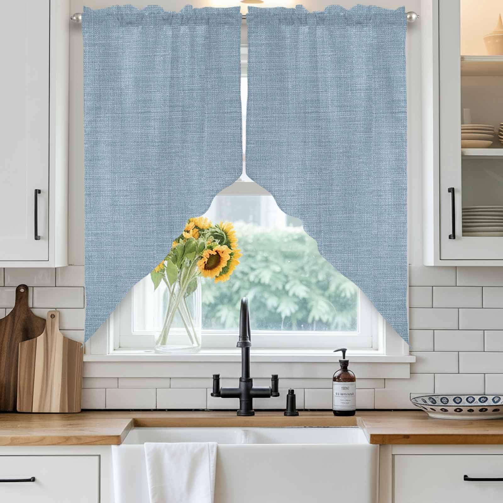 Swag Valance Curtains for Windows, Vintage Sky Blue Light Filtering Kitchen Curtains, Farmhouse Retro Solid Color Linen Texture Window Treatment Valances for Living Room, 36x63 - 2 PCS