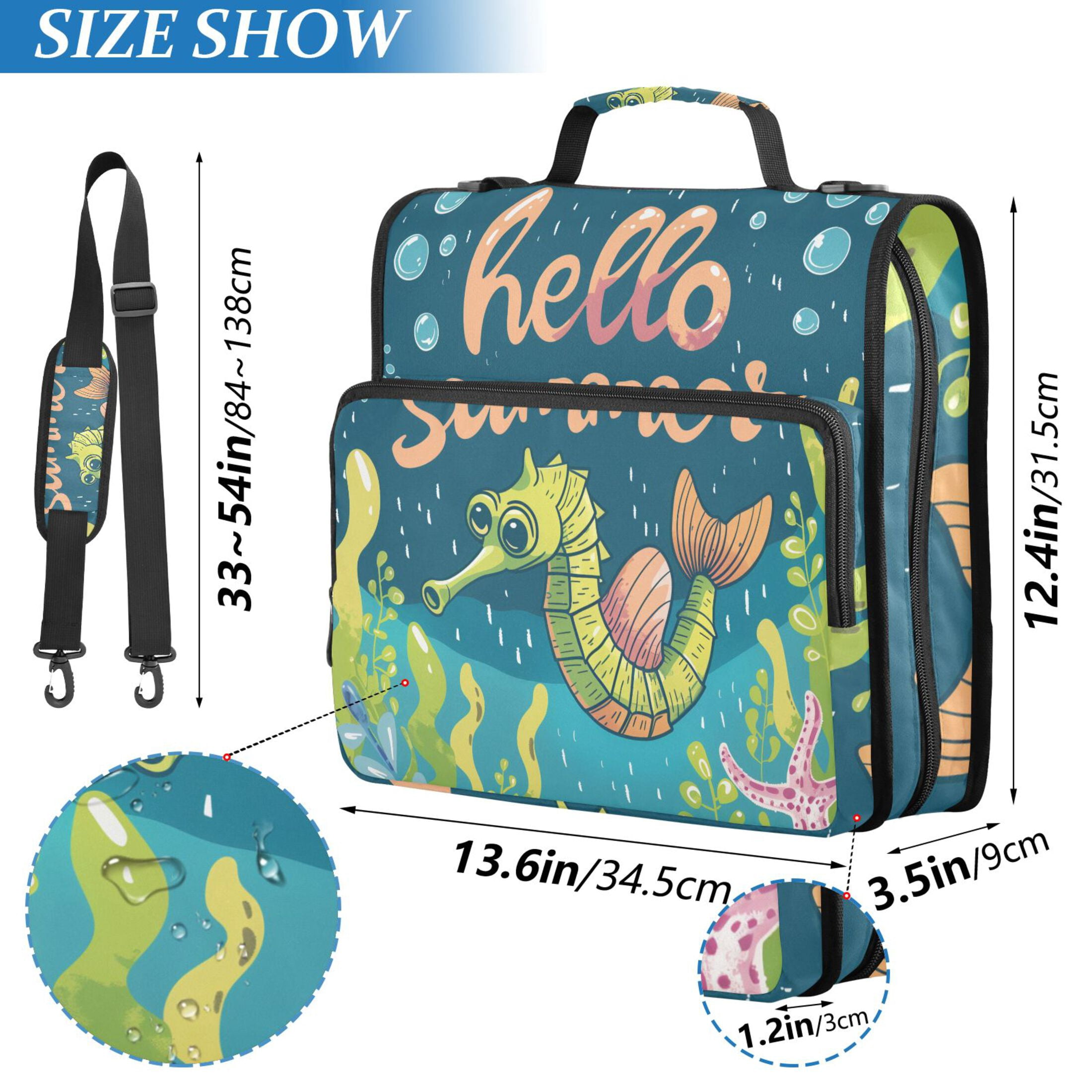 3 Ring Zipper Binder with Shoulder Strap Waterproof Trapper Keeper 2 Inch D-Ring 500 Sheets Capacity Hello Summer Seahorses