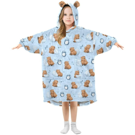 Wearable Blanket Hoodie for Kids Sleeping Capybara Flannel Hooded Blanket with Pockets and Sleeves Suitable for Boys and Girls