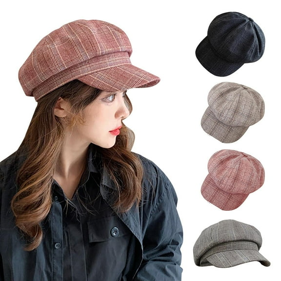 Vintage Winter Newsboy Cap Vintage Winter Newsboy Cap in Classic Plaid Pattern - Wool Blend Beret-Style Hat for a Retro Cold Weather Look,Beige,One Size,KLOY2K