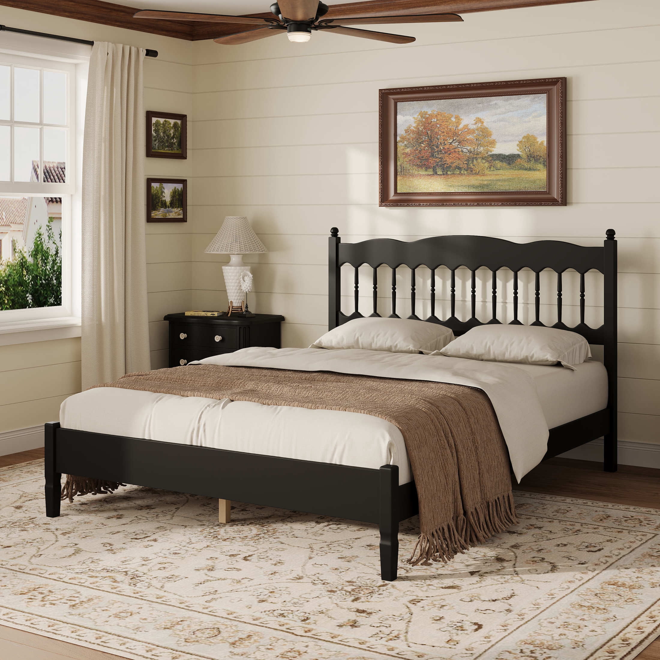 Noble House Onius Countryside Style Queen Size Wooden Bed Frame, Heavy-Duty Platform Bed with Center Support, Black