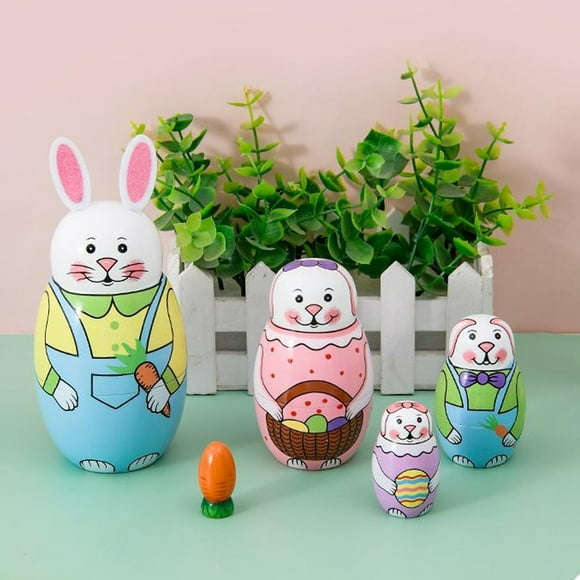 Easter Rabbit Nesting Dolls,Easter Bunny Russian Nesting Dolls Toys for Kids 5pcs,Handmade Animal Rabbit Wooden Matryoshka Dolls,Stacking Dolls for Christmas,Easter,Spring Decorations Gift Toys