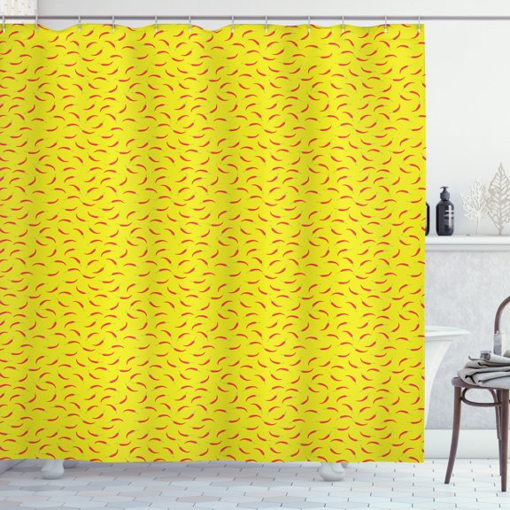 Peppers Shower Curtain, Vegetables on Yellow Background Spicy Food Arrangement Paprika Healthy, Fabric Bathroom Set with Hooks, 69W X 75L Inches Long, Vermilion and Yellow, by Ambesonne