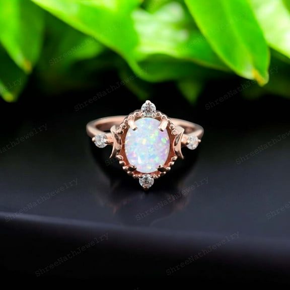 SHREENATHJEWELRY 8x6MM / 2Ct Vintage Fire Opal Ring-Engagement Ring For Women Moissanite Proposal Ring Alternative Fine Jewelry October Birthstone Gift Ring