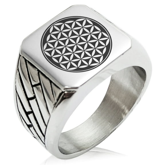 Stainless Steel Flower of Life Geometric Pattern Biker Style Polished Ring