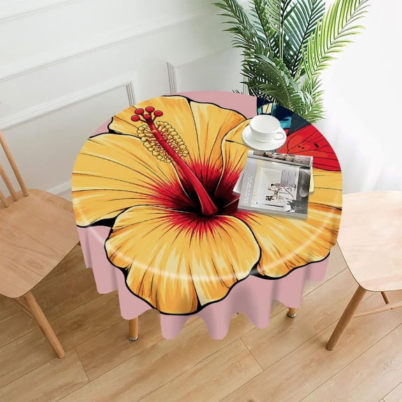 RKSupls 60 Inch Round Tablecloth, Hibiscus And Butterfly Premium Polyester Straight Edge Wrinkle Resistant Washable Table Cover for Party Home Dining Decor