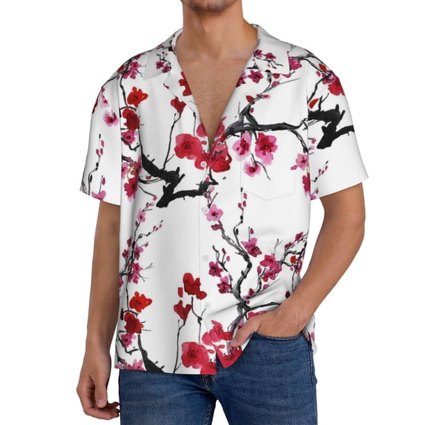 Fotbe Cherry Blossoms Camisa Estampada de Manga Corta para Hombre, Casual de Verano, Estilo Playero, Sin Arrugas-3X-Large