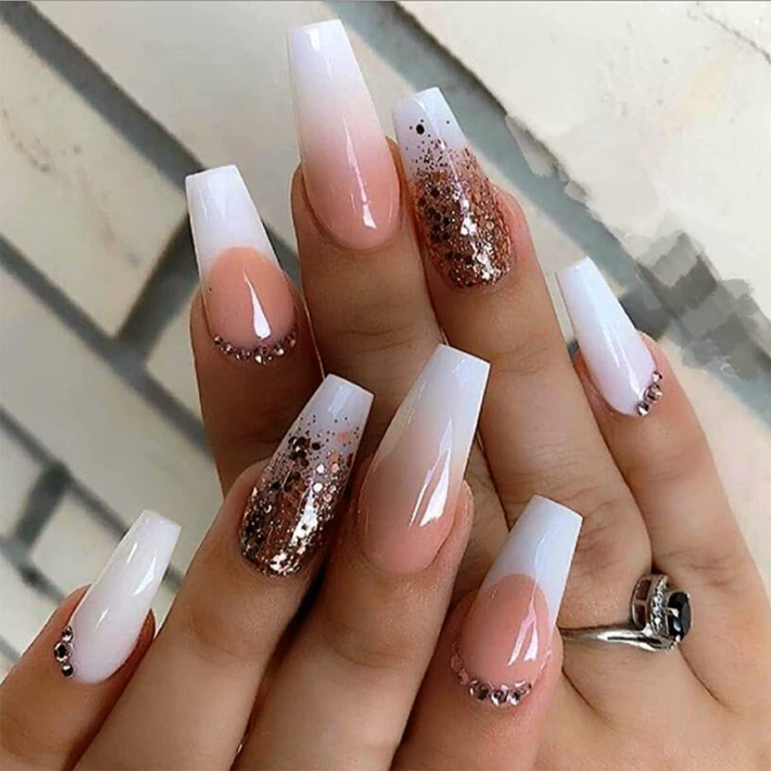 Pink Press on Nails Medium Length Ballerina Glossy Coffin Fake Nails  Sequins Glitter Rhinestone False Nails with Nail Glue Nude White Acrylic  Nails with Design for Women 24Pcs 