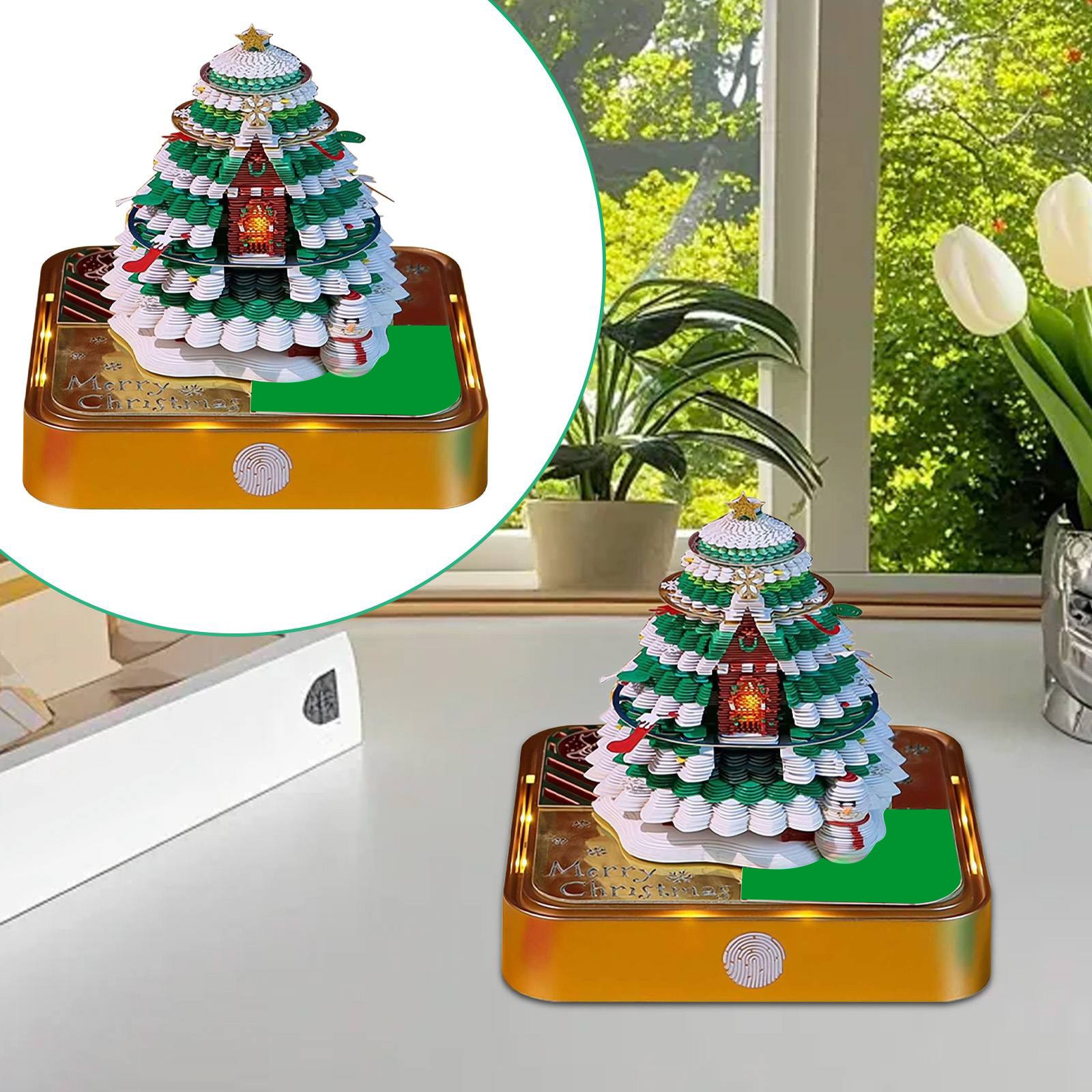 WMGHA Christmas Tree House Paper Sculpture Calendar 2026 - 3D Tear-Off Desk Calendar with LED Light, Memo Pad for Home or Office, Artistic Paper Carving Art for Holiday Display and Organization