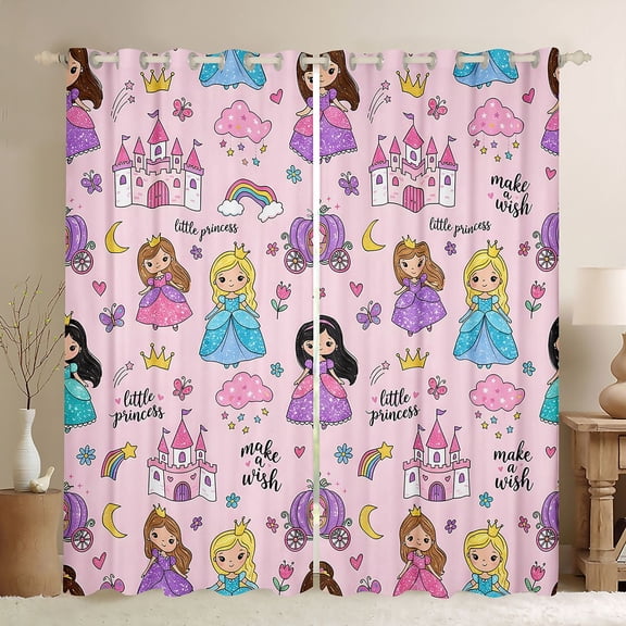 Erosebridal Colorful Cartoon Princess Black Out Curtains,Dreamy Princess Style Castle Cute Floral Curtains Pack of 2 (42x63 Each) For Kids