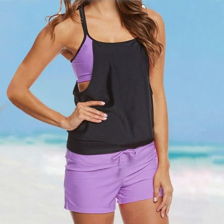 IDALL Tankini Swimsuits Bathing Suit Two Piece Tankini Swimsuits For Women Patchwork Tank Top With Boyshorts Tummy Control Bathing Suits Swim Suits for Women 2025 Womens Swimsuits Purple XL