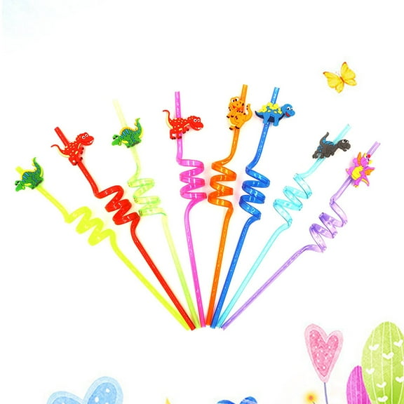 MLINS Colorful Plastic Drinking Straws with Small Dinosaur Design for Birthday Party Supplies 8 Pieces Assorted Colors