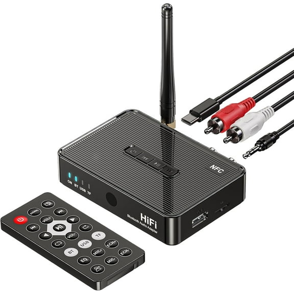 5.1 Bluetooth Receiver with Remote Control, Audio Adapter for Home Stereo/Speakers, Supports RCA, 3.5mm AUX, USB, TF Card, NFC