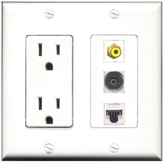 RiteAV - 15 Amp Power Outlet 1 Port RCA Yellow 1 Port Toslink 1 Port Cat5e Ethernet White Decorative Wall Plate