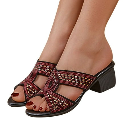 

Sandals Sandals For Women Slip On High Heels Rhinestone Peep Toe Shoes With Block Heel