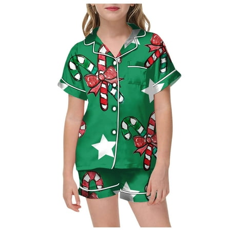 

Big Kids Girls Christmas Pajamas Set Short Sleeve Turn-Down Collar Christmas Print Sleepwear Top and Shorts With Pockets Outfits Set for Girl 12-13 Years