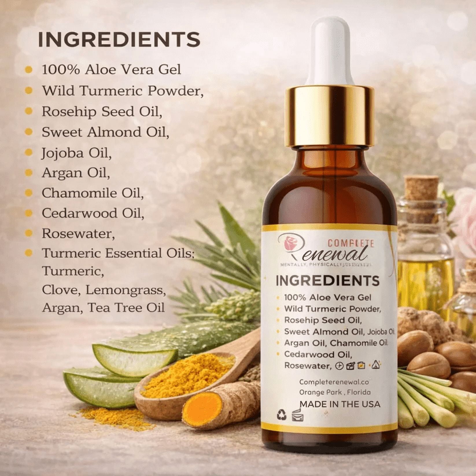Complete Renewal Glow Face Serum with Turmeric & Aloe Vera, Lightweight Botanical Facial Oil for Uneven-Looking Skin Tone, Gentle for Sensitive Skin, 2 fl oz