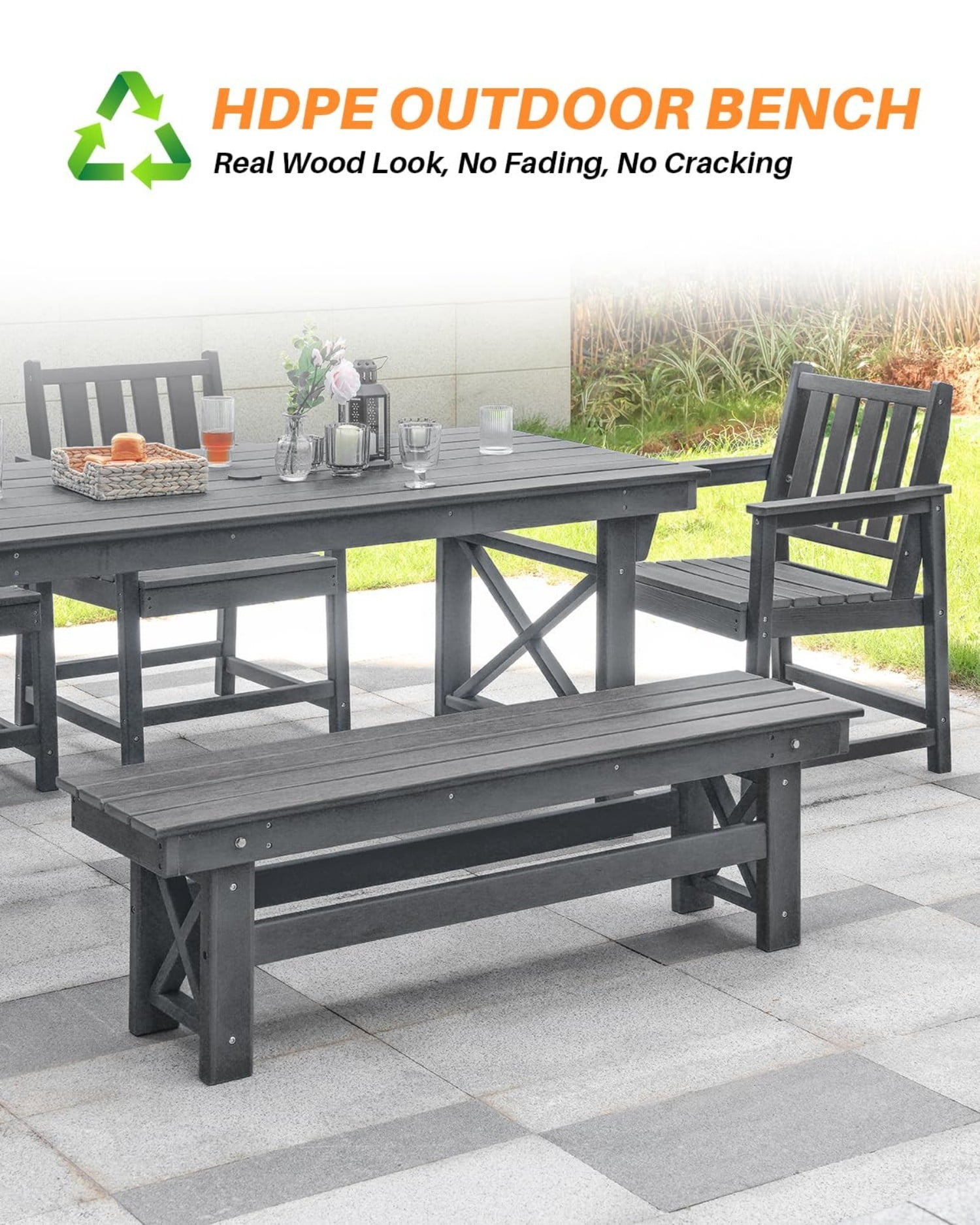 HDPE Outdoor Dining Table for 6, 66.9" Rectangle Patio Dining Table with 2.2" Umbrella Hole, All Weather HDPE Outdoor Table for Backyard, Deck, Garden, Poolside, Smoke Gray