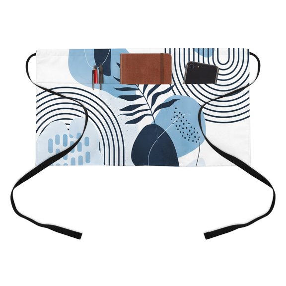 Blue Boho Kitchen Restaurant Half Waist Apron, Medieval Leaves Geometric Lines Abstract Server Short Apron with 3 Pockets Waterproof Oil Waist Aprons for Women Waitress Waiter