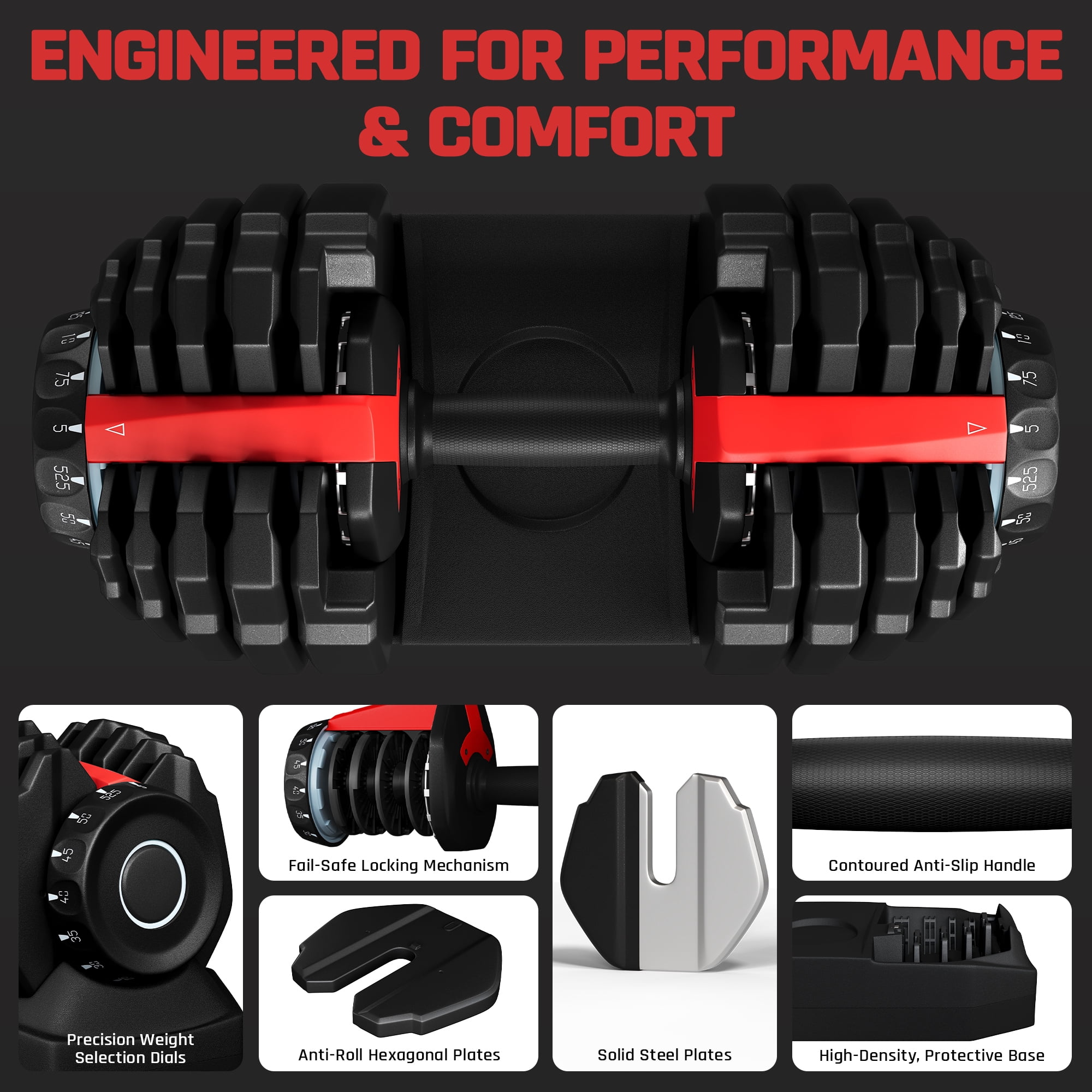 Renwick 5-52.5 lbs Quick Adjust Dumbbell Set for Home Gym, Set of 2, Black/Red