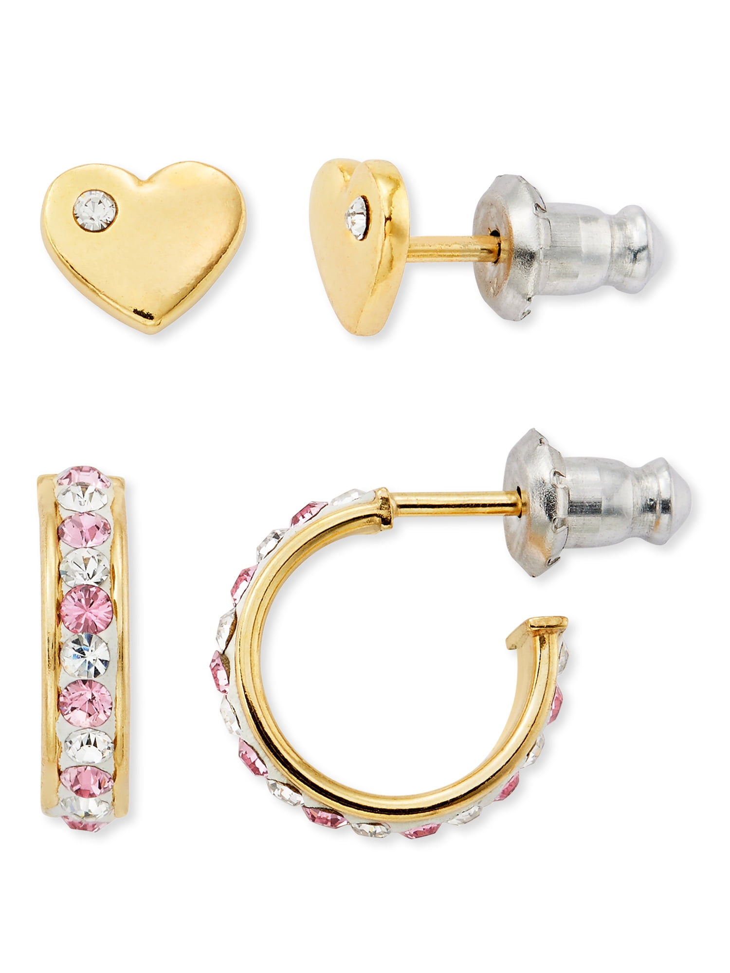 BRILLIANCE FINE JEWELRY 14K Female Gold Plated Crystal Heart Studs And Crystal Hoop Earrings