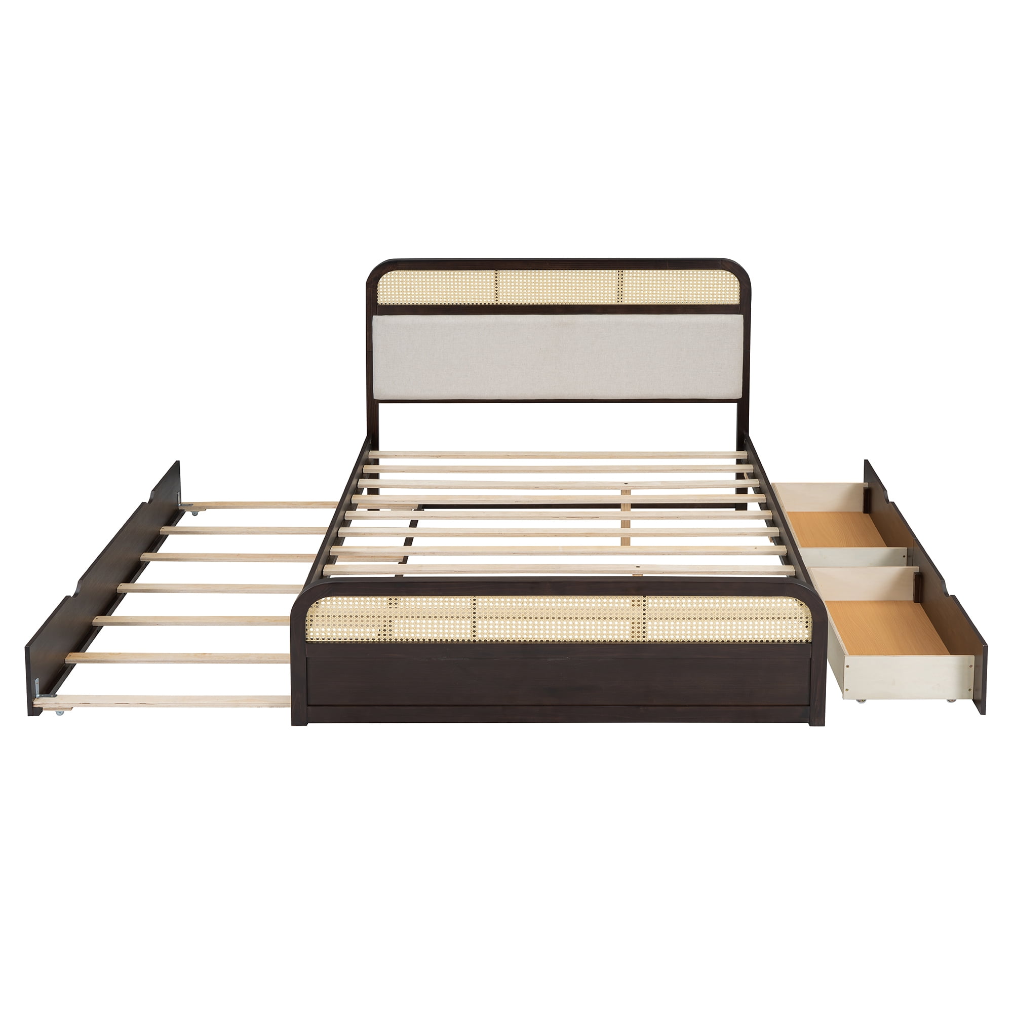 Harper & Bright Designs Queen Size Platform Bed Frame with Trundle and 2 Drawers, Wood Bed Frame with Padded Headboard, Espresso