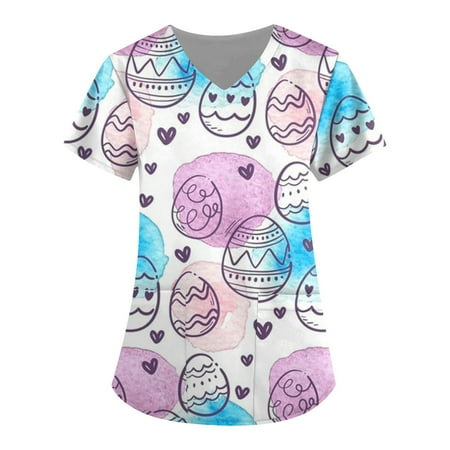 

TQWQT Easter Printed Scrub Tops for Women Breathable Easter Eggs Bunny Pattern V-Neck T-Shirts Tee Scrubs Top with Pockets