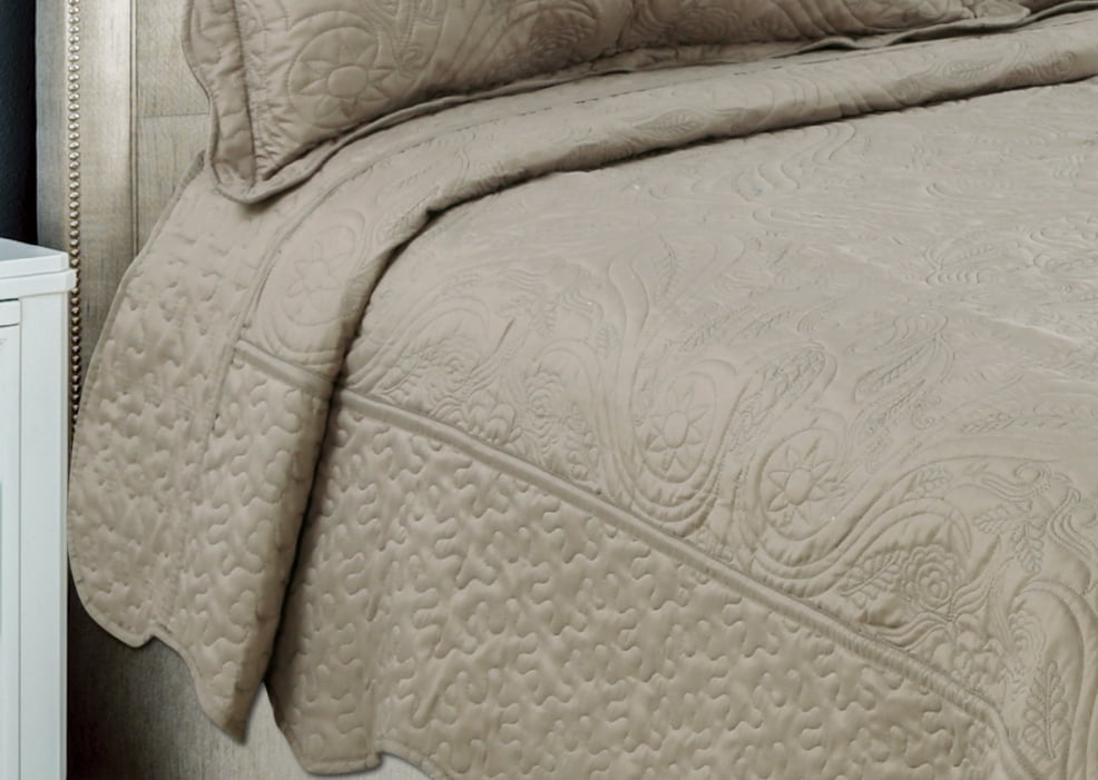 Marina Decoration Embroidered Stitching Coverlet Bedspread Ultra Soft Solid Bedding Summer Quilt Set with Quilted Sham, Taupe Floral Paisley Pattern