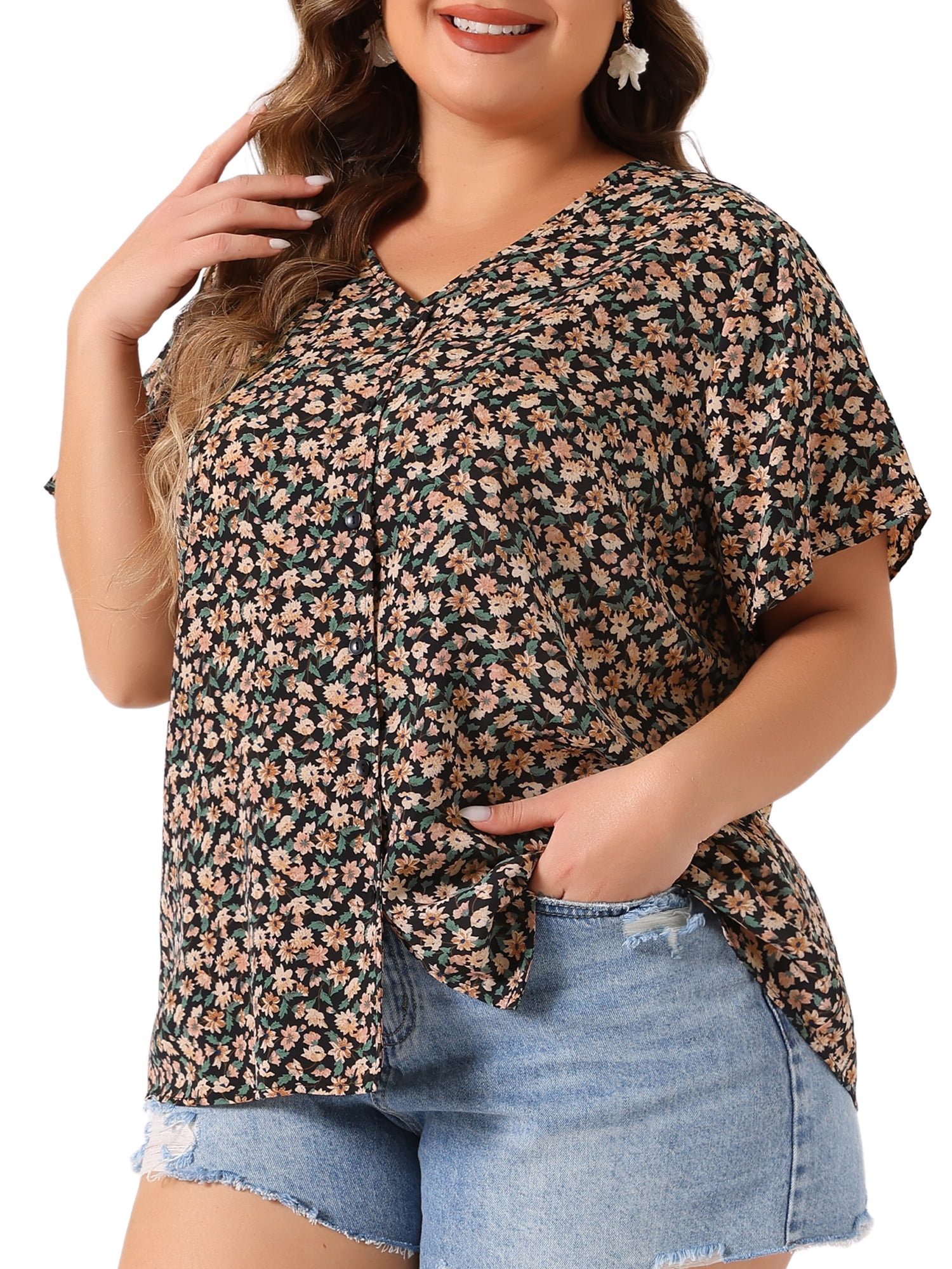 Unique Bargains Women's Plus Size V Neck Button Short Sleeve Floral Shirts 4X Black
