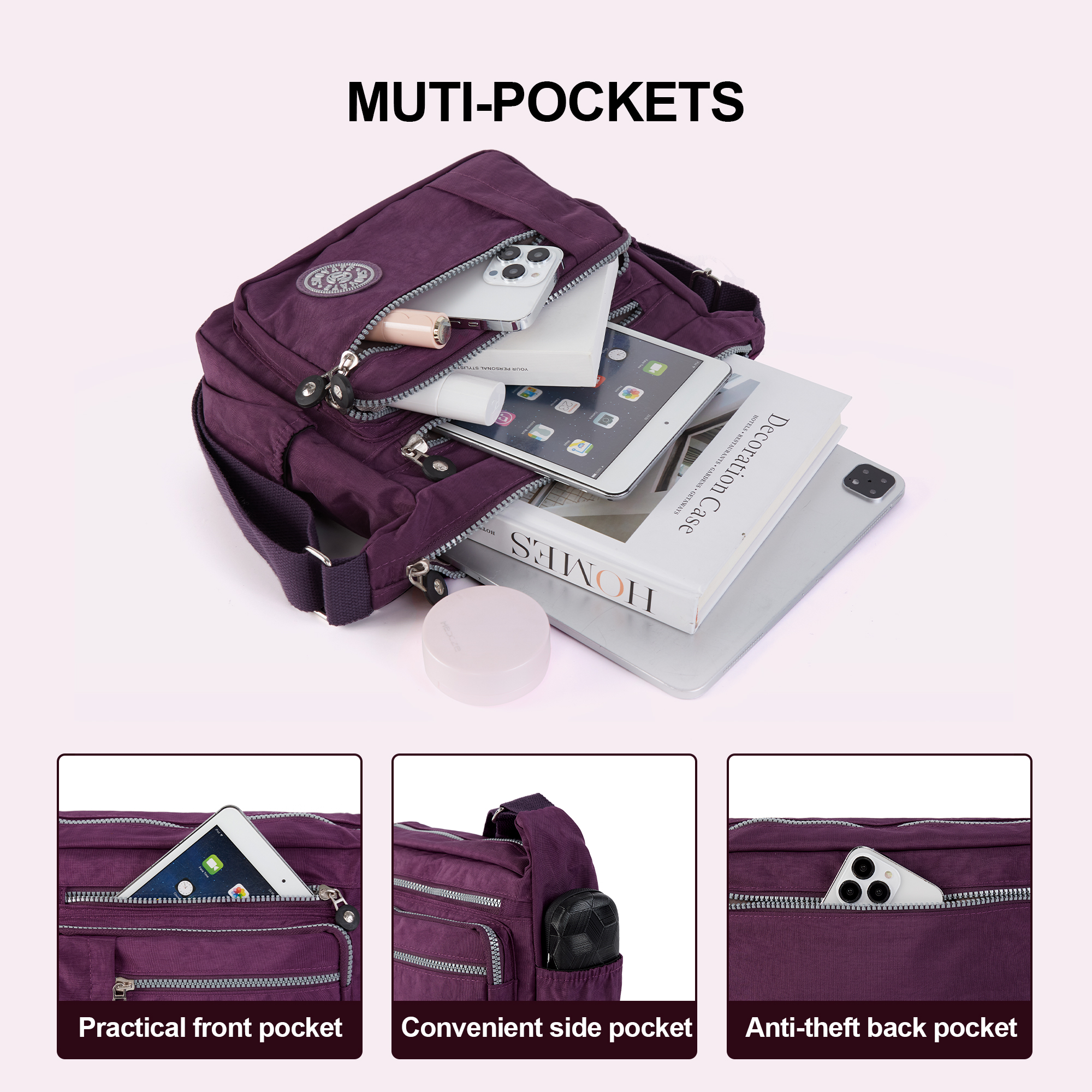 Vbiger Women's Purple Nylon Crossbody Bag with Multiple Pockets photo 2