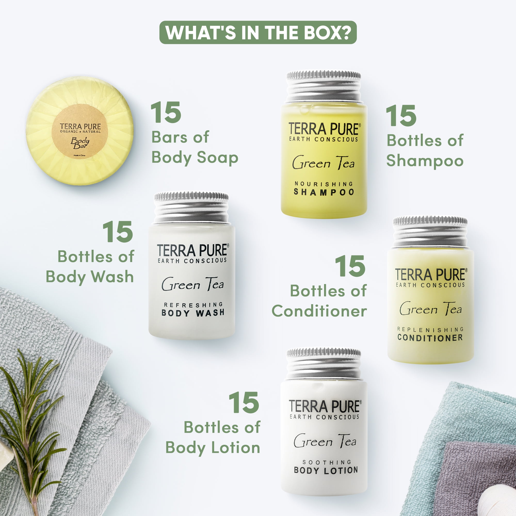 Terra Pure Hotel Soaps and Toiletries Bulk Set, 1-Shoppe All-In-Kit Amenities, Shampoo and Conditioner, Body Wash, Body Lotion and Bar Soap, Travel Size Toiletries, 75 Pieces