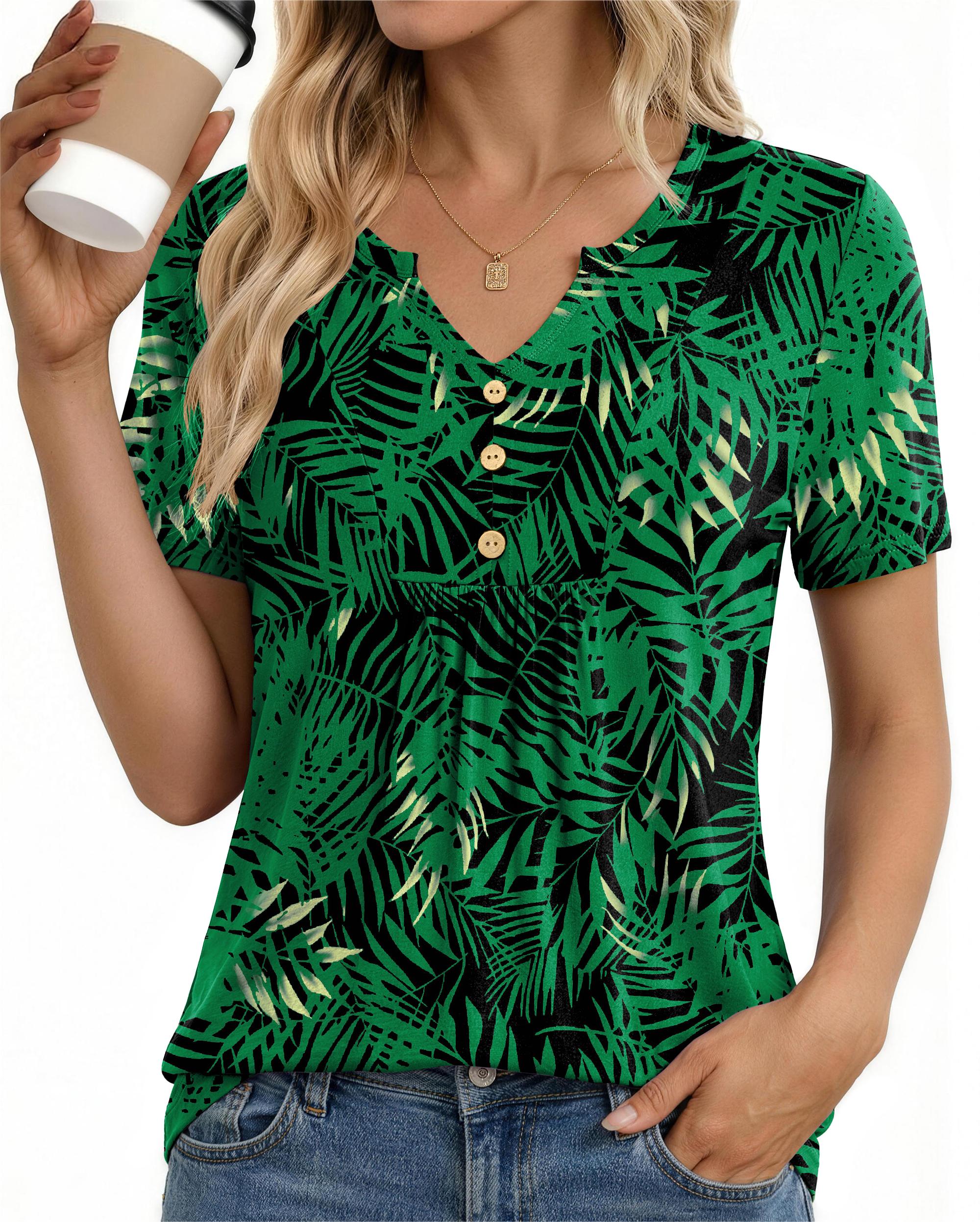 Fantaslook Womens Tunic Tops Casual Short Sleeve Shirts V Neck Button Pleated Blouses Floral Summer Tops