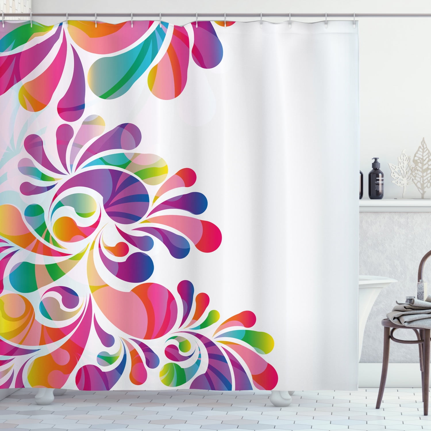 Geometry Stripe Chevron Rainbow Color Bathroom Fabric Shower Curtain & 12 Hooks 