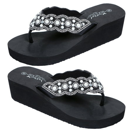 

1 Pair Non-slip Beach Shoes Slipsole Shoes Flops Pearl Diamond Shoes for Summer Women Wearing (Black Size 39 24.5CM 7.5US 5UK