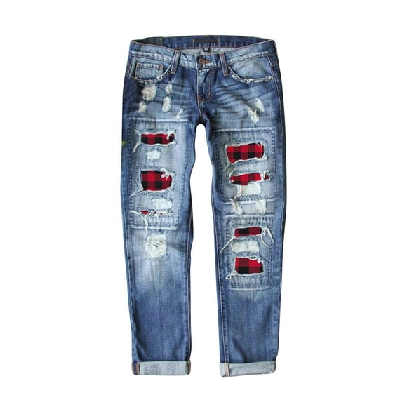 Besolor Womens Ripped Denim Pants Plaid Splicing High Waisted Distressed Casual Skinny Stretch Straight Leg Jeans with Pockets