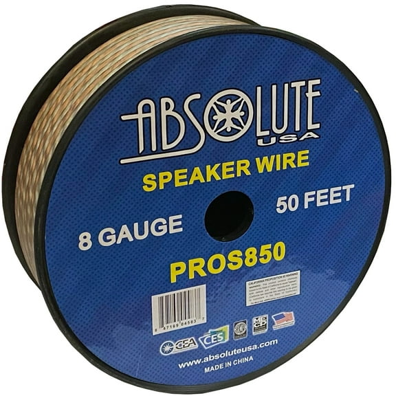 Absolute USA PROS850 8 Gauge Speaker Wire50' 8 Gauge PRO PA DJ Car Home Marine Audio Speaker Wire Cable Spool