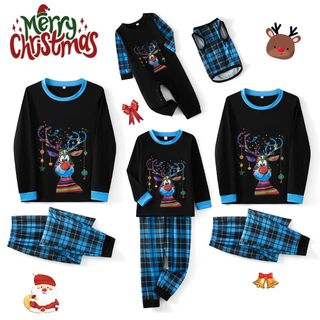 Conjunto de pijamas navideños familiares a juego con estampado de renos y cuadros. Pijamas de vacaciones para papá, mamá y niños.