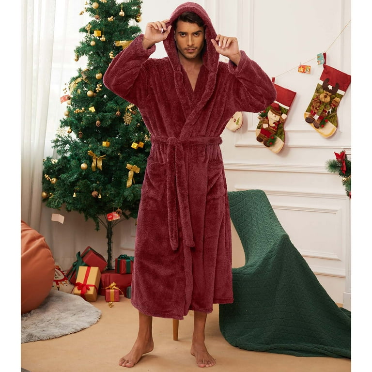 VULCANODON Mens Robe Big and Tall with Hood Full Length Plush Robe for Men Long Fleece Bathrobe Burgundy XX Large 3X Large